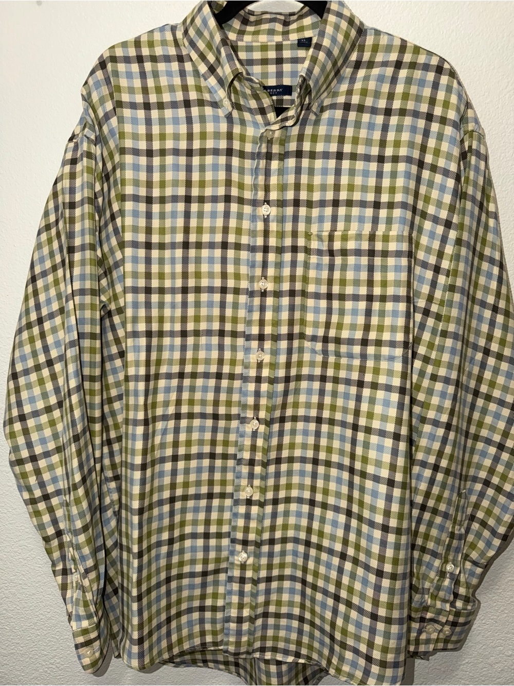 Burberry London men's button up shirt, cream multi plaid, size XL
